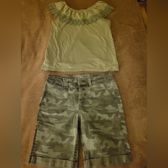 Pair - Arizona Jean Company Kids Camo Shorts, Place Olive Green Lace Trim Top - Picture 1 of 4